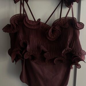Free people frilly maroon body suit thong style